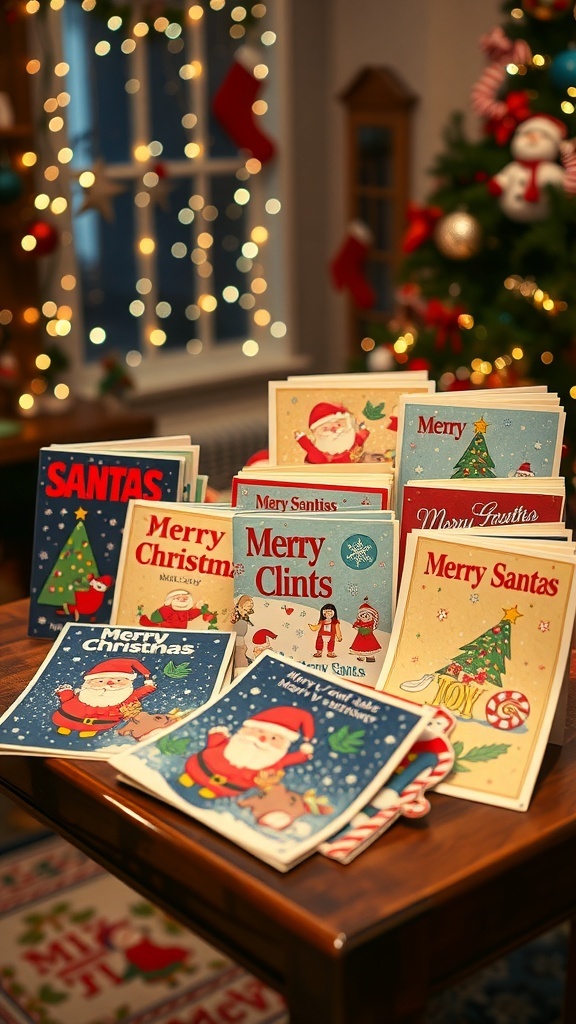 1970s Christmas Card Designs A vibrant assortment of 1970s Christmas cards with playful designs and festive themes on a wooden table.